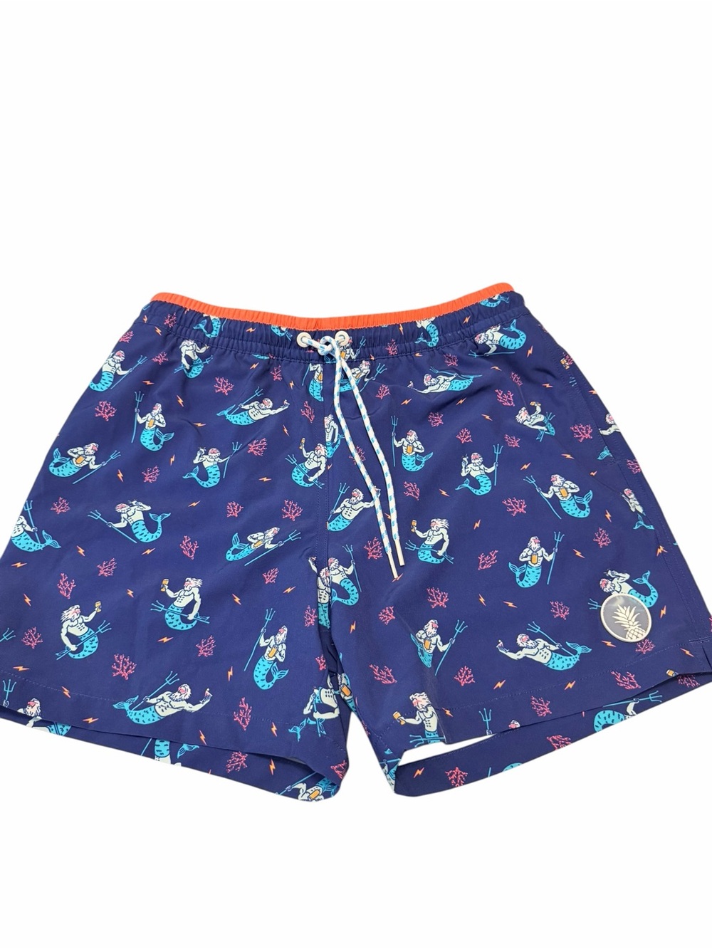 chubbies Navy Blue Mermaid Print Swim Trunks with Orange Trim